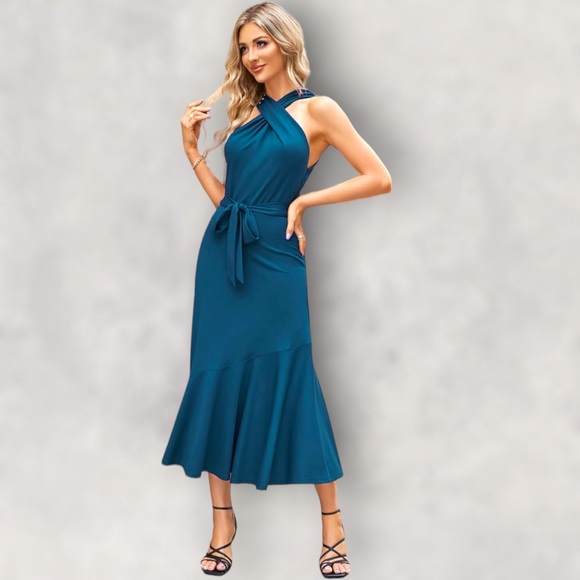 JASAMBAC Midi Criss Cross Halter Neck Sleeveless Ruffle Hem Dress with Belt - Picture 2 of 7